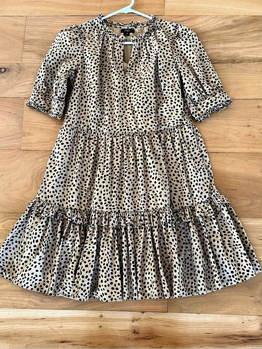 J. Crew Ruffleneck Tiered Popover Dress in Leopard Polka Dot Size XS Midi flowy